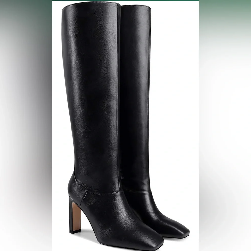 Knee High Chunky Heel Boots Matte Leather Square Closed Toe Slip On High Heeled